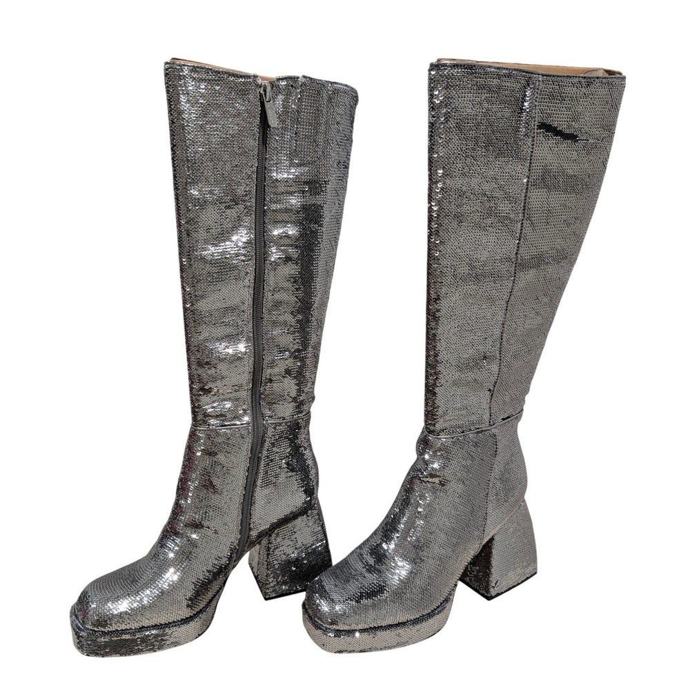 Circus NY Kylie Sequin Silver Platform Knee High Boots 8M Disco Gogo Y2K NYE
